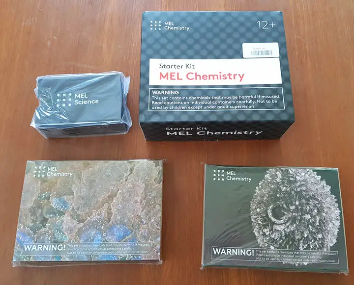 photo of MEL Science chemistry kit starter set laid out on a table